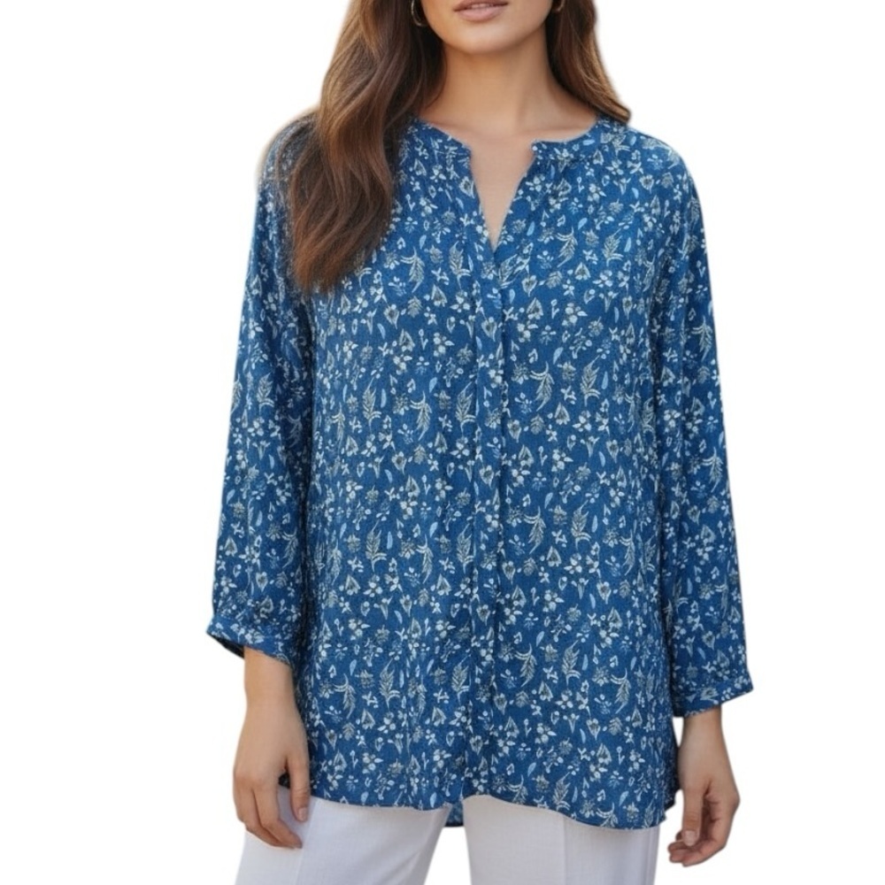 Jachs Girlfriend Large Blue Floral Long Sleeve Blouse Button Front Office Boho